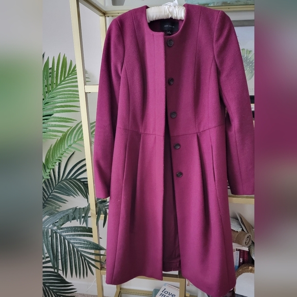 Wine Red / Burgundy Ann Taylor Long Pleated Wool Dress Coat - Women's Size 6 - Picture 3 of 12